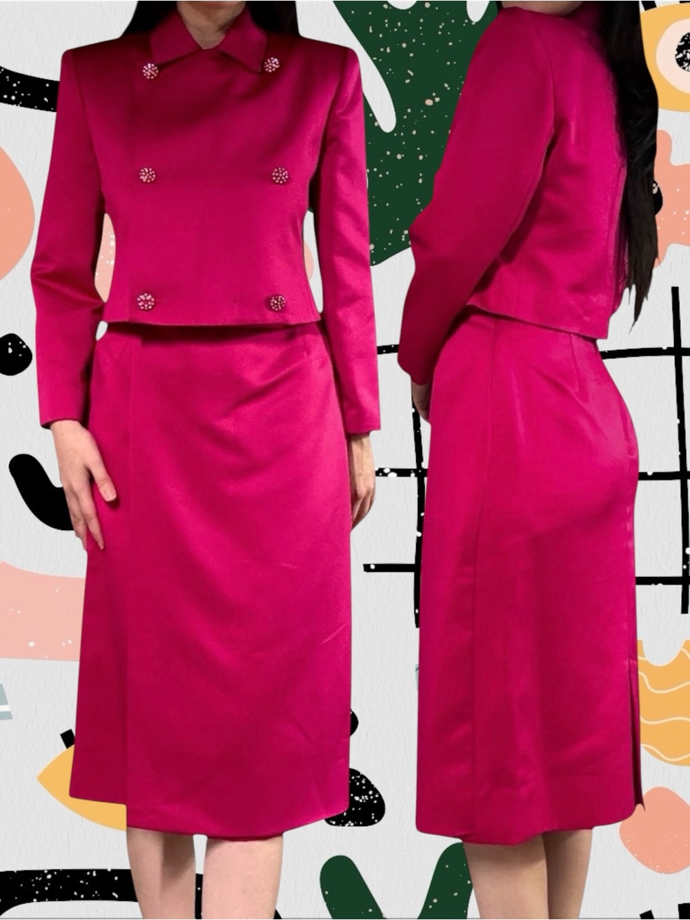 Henry Lee | Vintage 2 Piece Pink Sateen Skirt Suit with Cropped Jacket